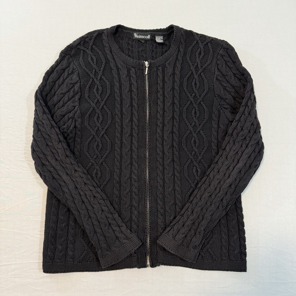 Wainscott Cardigan Sweater Women Large Black Cable Knit‎ Full Zip Fisherman Y2K